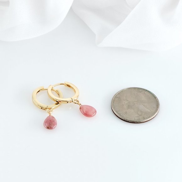 Pink Sapphire Hoop Earrings, 14K Gold Filled Small Dainty Huggie Hoops - Picture 7 of 10